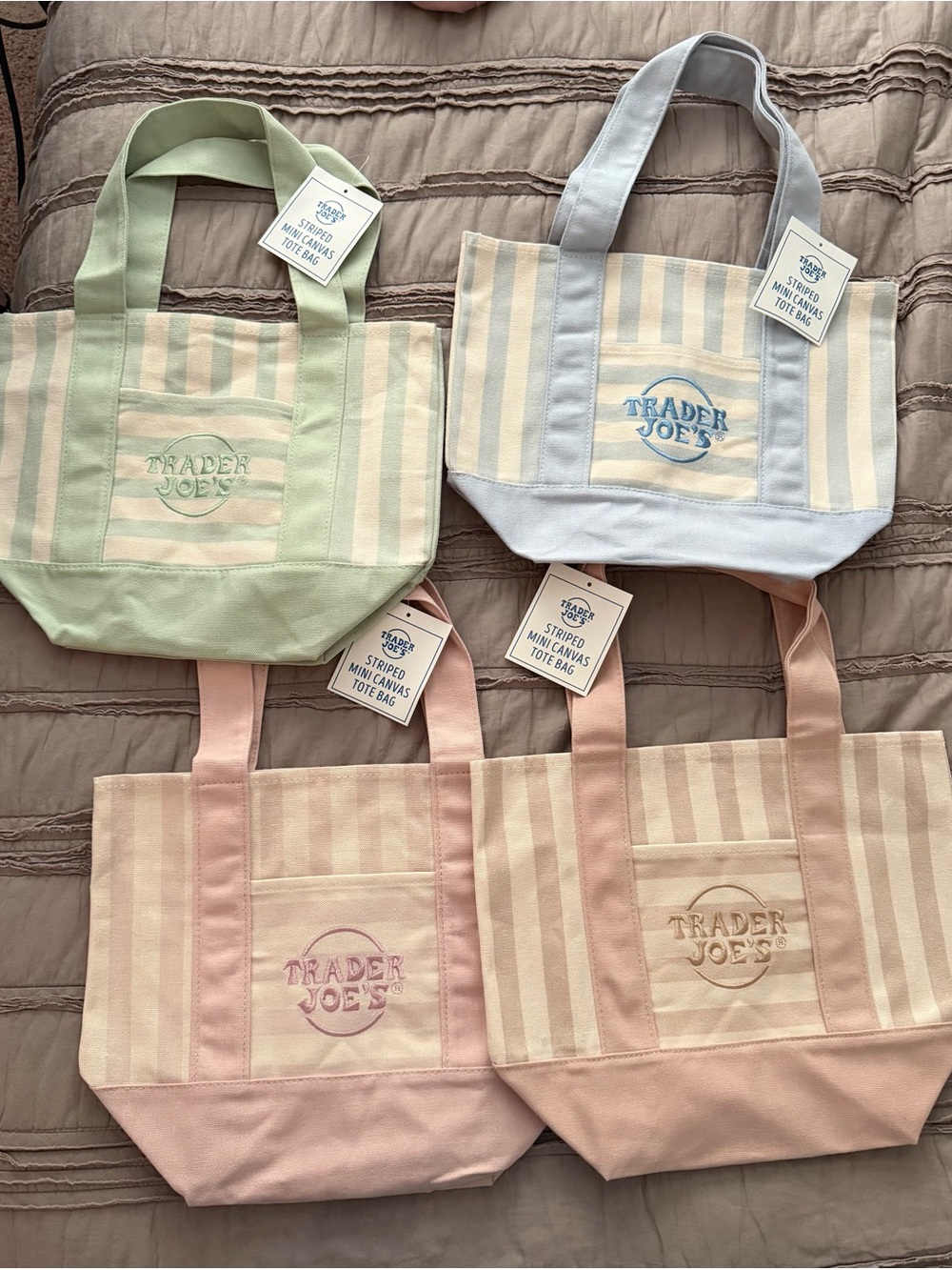 NWT Trader Joe’s mini canvas striped totes, set of 4